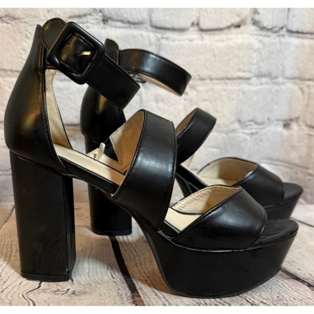 Sugar Baddie Black Platform Block Heel Sandals Ankle Strap Womens 6.5M